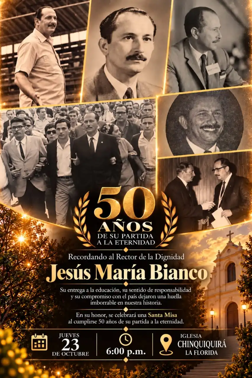 Afiche: 50 años de la partida de Jesús María Bianco, Rector de la Dignidad. Santa Misa el jueves 23 de octubre a las 6:00 p. m. en la Iglesia Chiquinquirá, La Florida